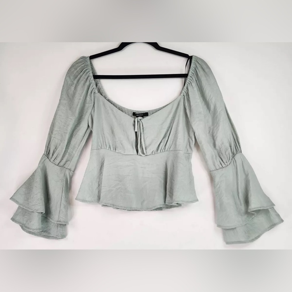 Forever 21 Shirt Womens Small Mint Green Off Shoulder Bell Sleeve Crop Top